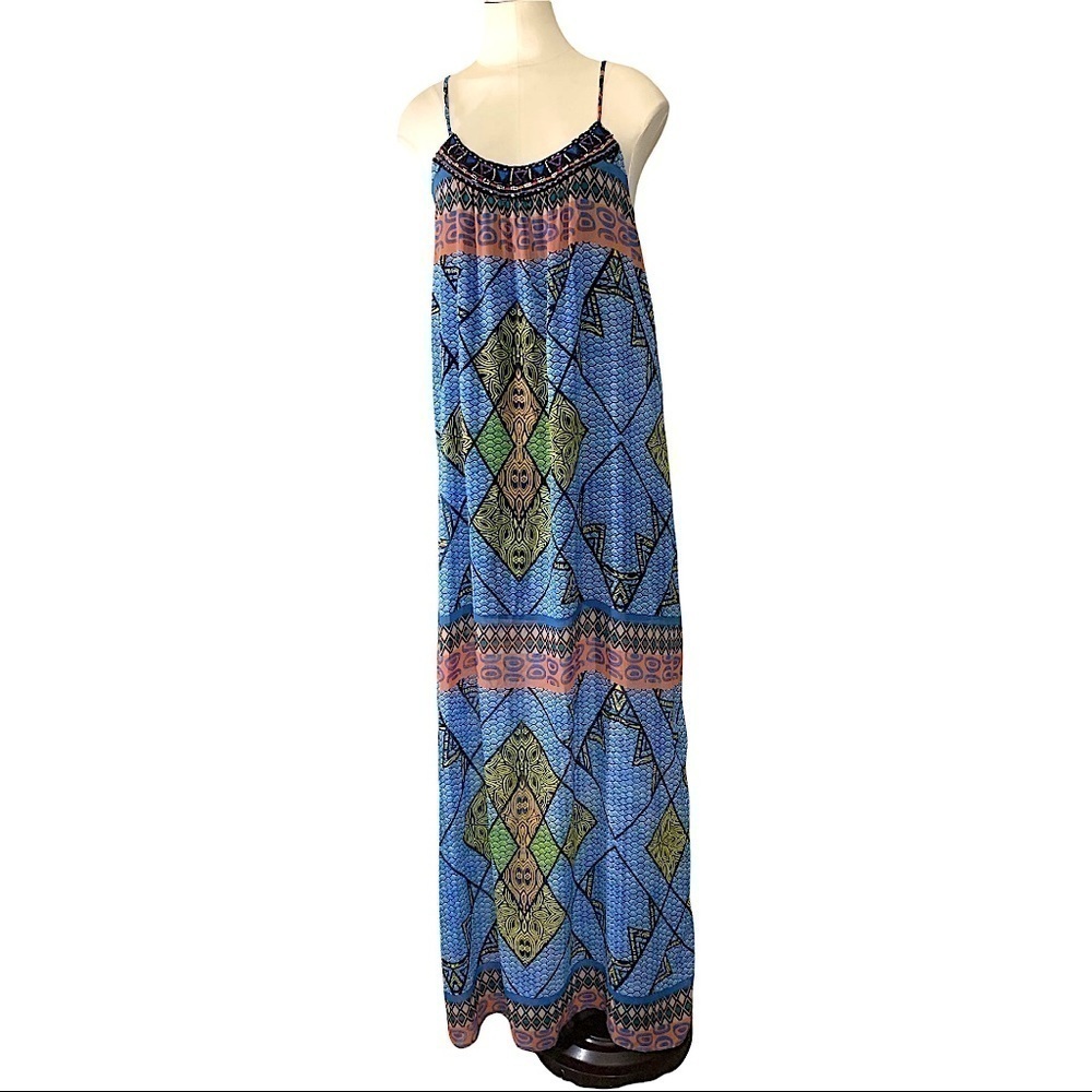 𝅺eight Sixty Easy Breezy Multicolor Tribal Print Maxi Dress Beads Collar Size S